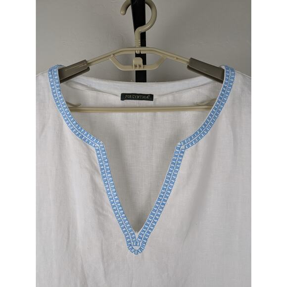 For Cynthia white linen tunic top turquoise blue stitching detail measures 3X - Picture 4 of 6